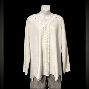 Avenue White V-Neck Cable-knit Ribbed Long Sleeve Tunic Sweater Sz 18/20